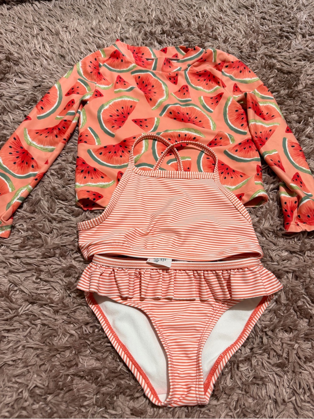 Carters Kids Coral Watermelon Rash Guard Set with Striped Bikini 3 piece